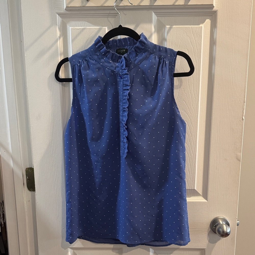 J. Crew Blue Sleeveless Ruffle-Neck Polka Dot Camisole